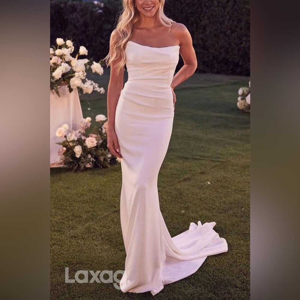 strapless pleated sleek satin elegant mermaid wedding dress with train